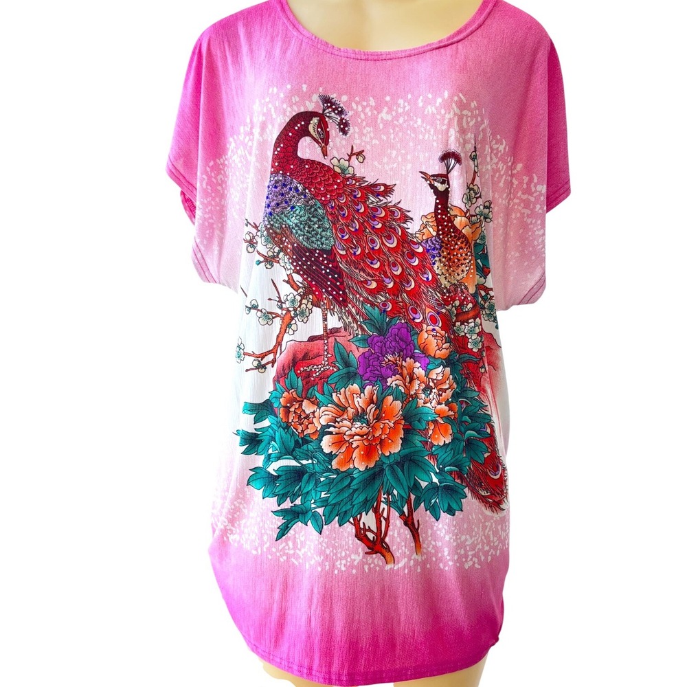 I Style Peacock Floral Rhinestone‎ Tunic Top Pink Dolman Sleeve Women's Size 8